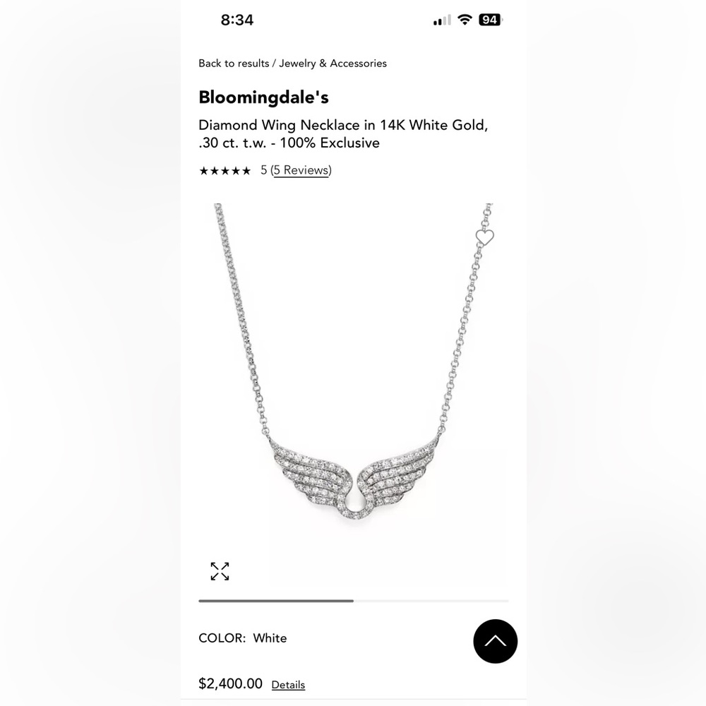 Diamond and white gold wings necklace